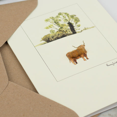 Cow Highland with tree greetings card
