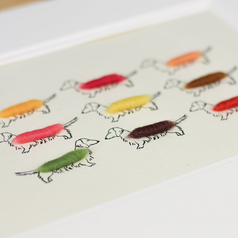 Dachshund bespoke print with 9 colourful sausage dogs