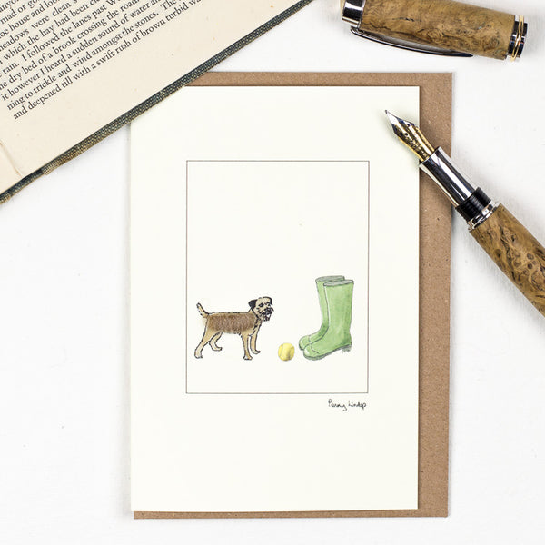 Border Terrier and wellies greetings card