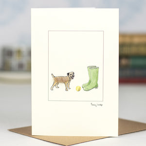 Border Terrier and wellies greetings card