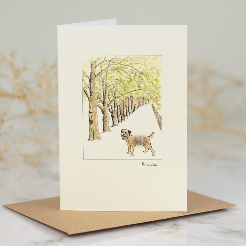 Border Terrier & Tree Lined Avenue greetings card