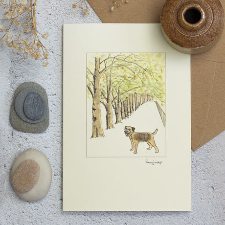 Border Terrier & Tree Lined Avenue greetings card