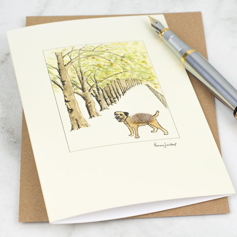Border Terrier & Tree Lined Avenue greetings card