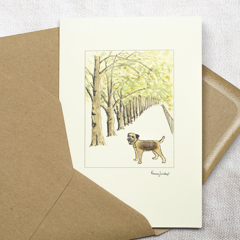 Border Terrier & Tree Lined Avenue greetings card