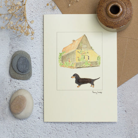 Dachshund & Barn greetings card