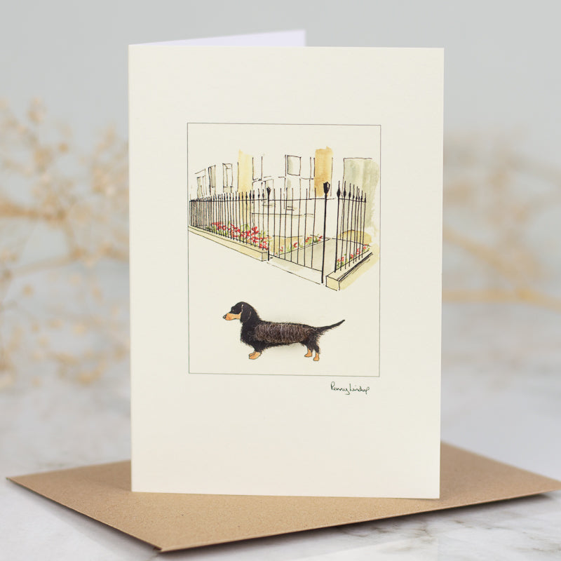 Dachshund & House with Iron Railings greetings card