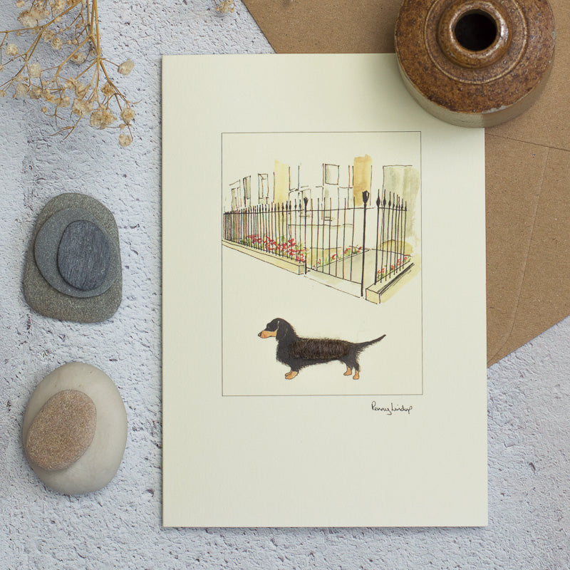 Dachshund & House with Iron Railings greetings card