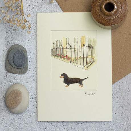 Dachshund & House with Iron Railings greetings card