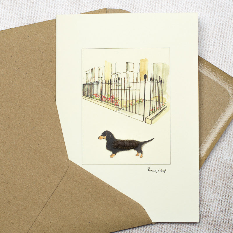 Dachshund & House with Iron Railings greetings card