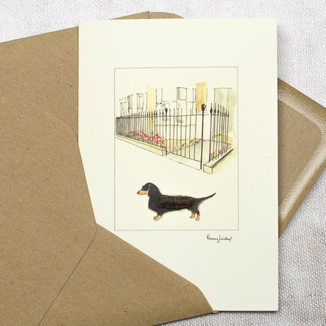 Dachshund & House with Iron Railings greetings card