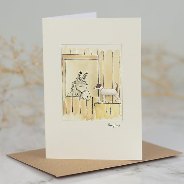Jack Russell & Donkey In Stable greetings card
