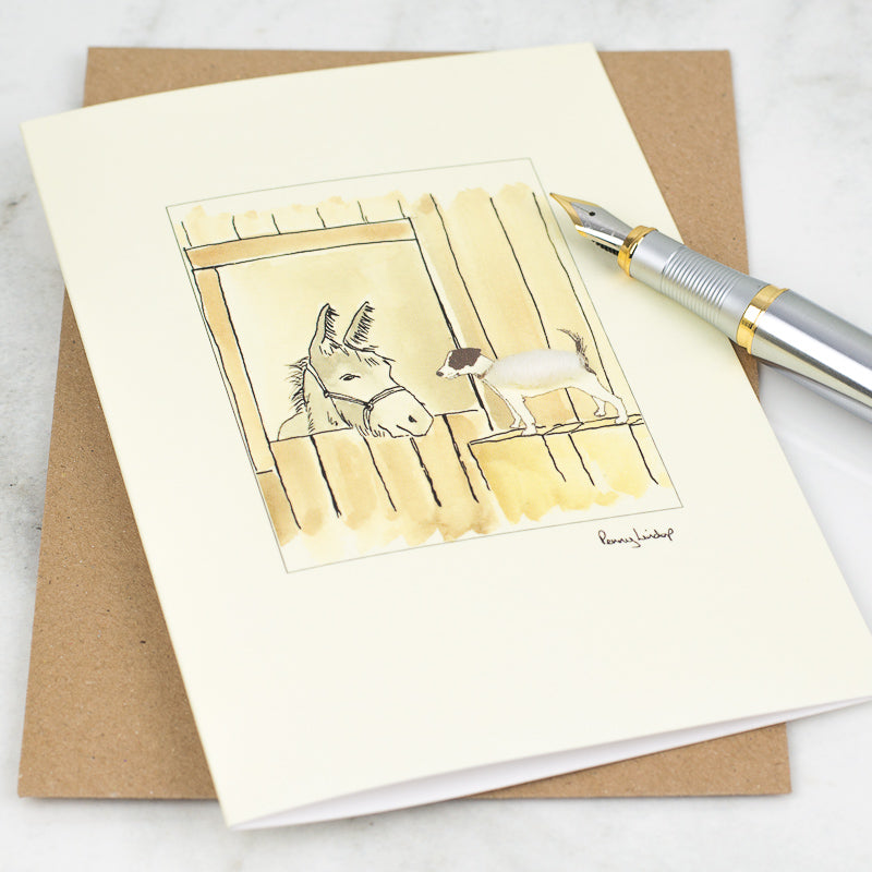Jack Russell & Donkey In Stable greetings card