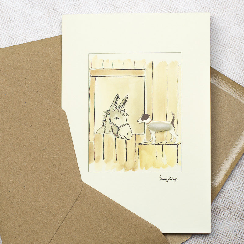 Jack Russell & Donkey In Stable greetings card