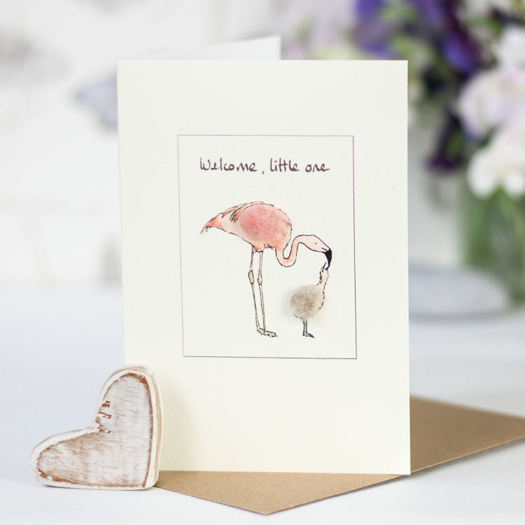 Flamingo and chick greetings card