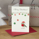 Robin under baubles mini Christmas card - Pack of 4