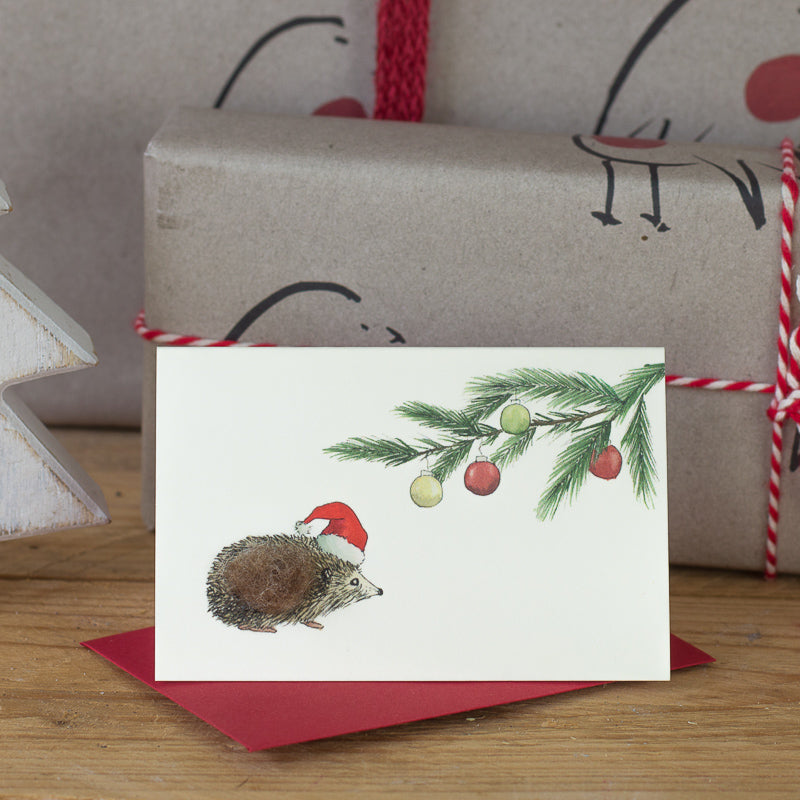 Hedgehog under Pine sprig mini Christmas card - pack of 4