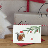 Squirrel under a Pine sprig mini Christmas card - Pack of 4