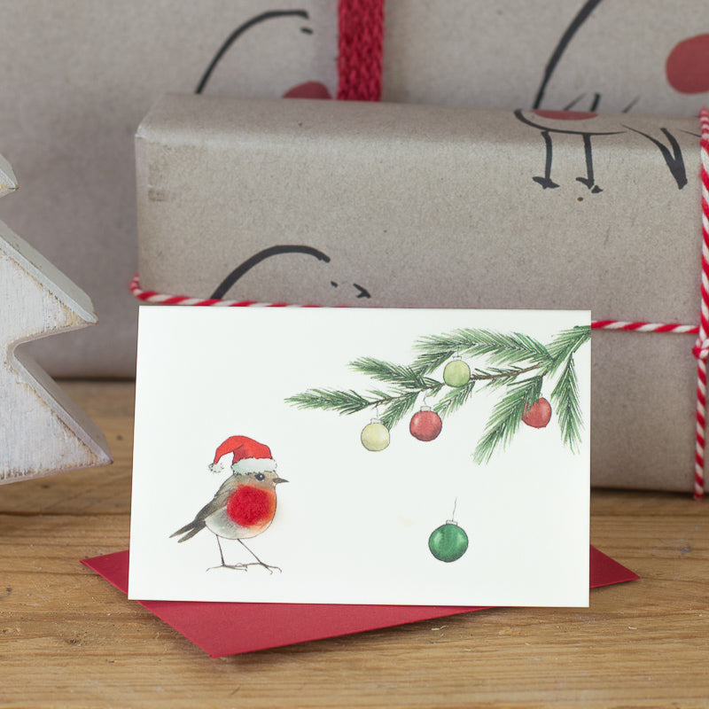 Robin under a Pine sprig mini Christmas card - Pack of 4