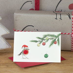 Robin under a Pine sprig mini Christmas card - Pack of 4