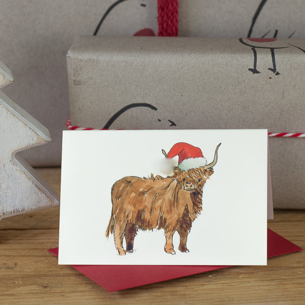 Highland Cow in hat mini Christmas card - pack of 4