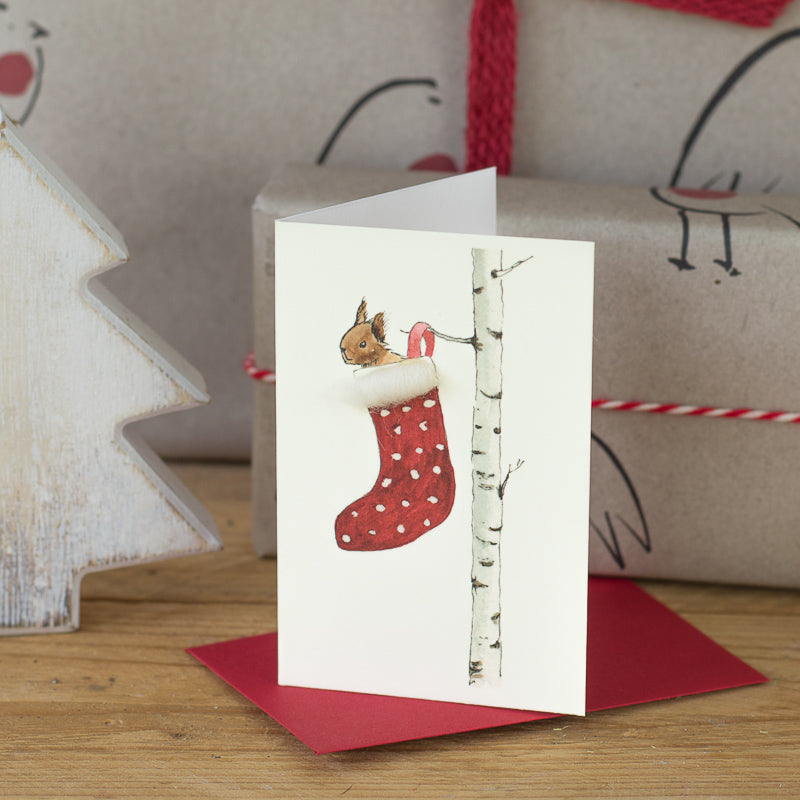 Squirrel in a Stocking mini Christmas card - Pack of 4