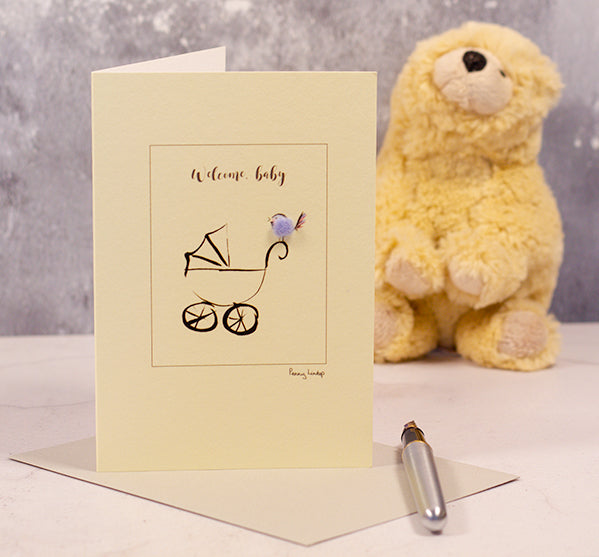 New baby card with Pram and Bird