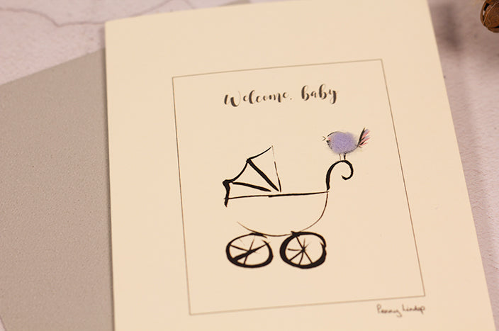 New baby card with Pram and Bird