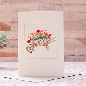Wheelbarrow of Summer flowers greetings card