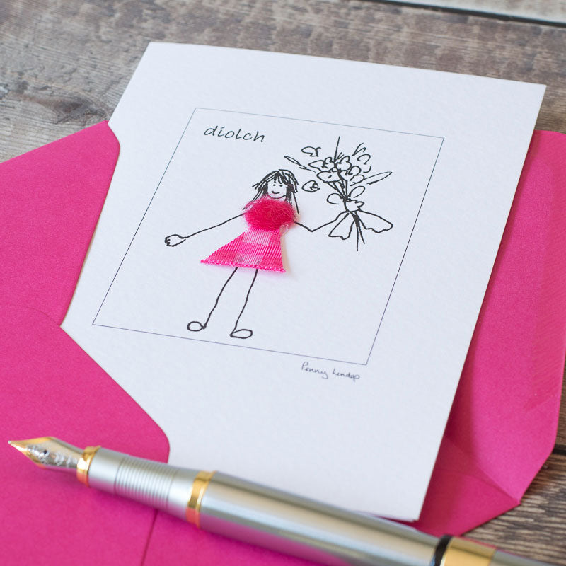 Welsh Thank You Card with a Girl with Flowers