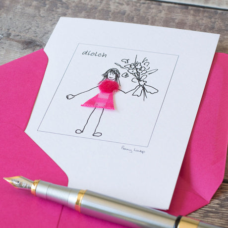 Welsh Thank You Card with a Girl with Flowers