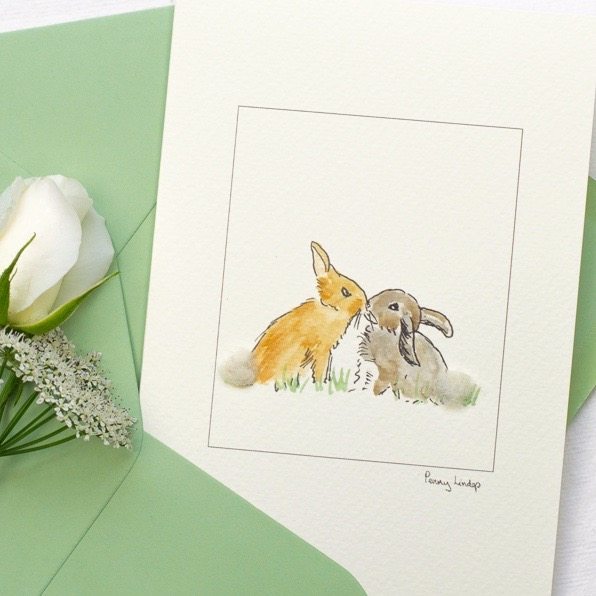 Rabbit greetings card - 2 Rabbits Kissing