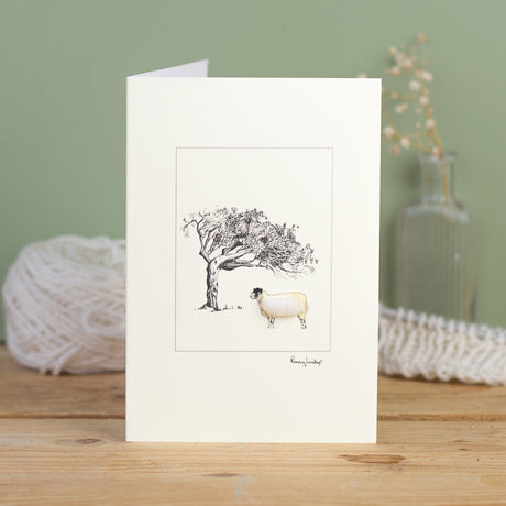 Sheep greetings card - mule and windswept tree