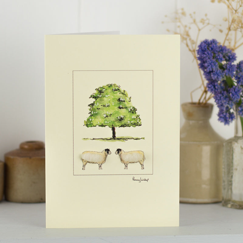 Sheep and chestnut tree greetings card