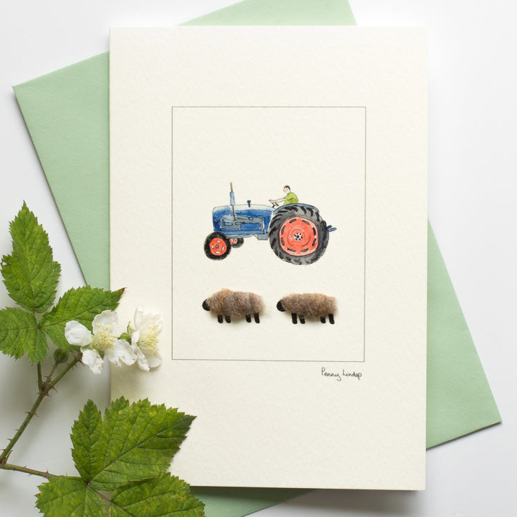 Sheep & Blue Ford tractor greetings card