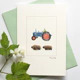 Sheep & Blue Ford tractor greetings card