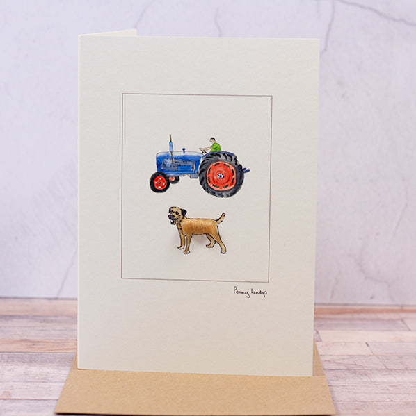 Blue Ford Tractor & Border Terrier card