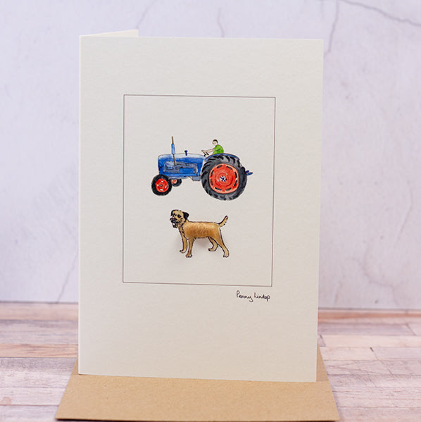 Blue Ford Tractor & Border Terrier greetings card