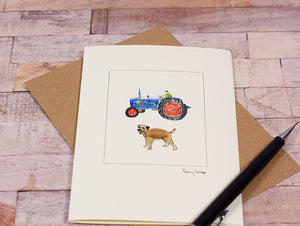 Blue Ford Tractor & Border Terrier greetings card