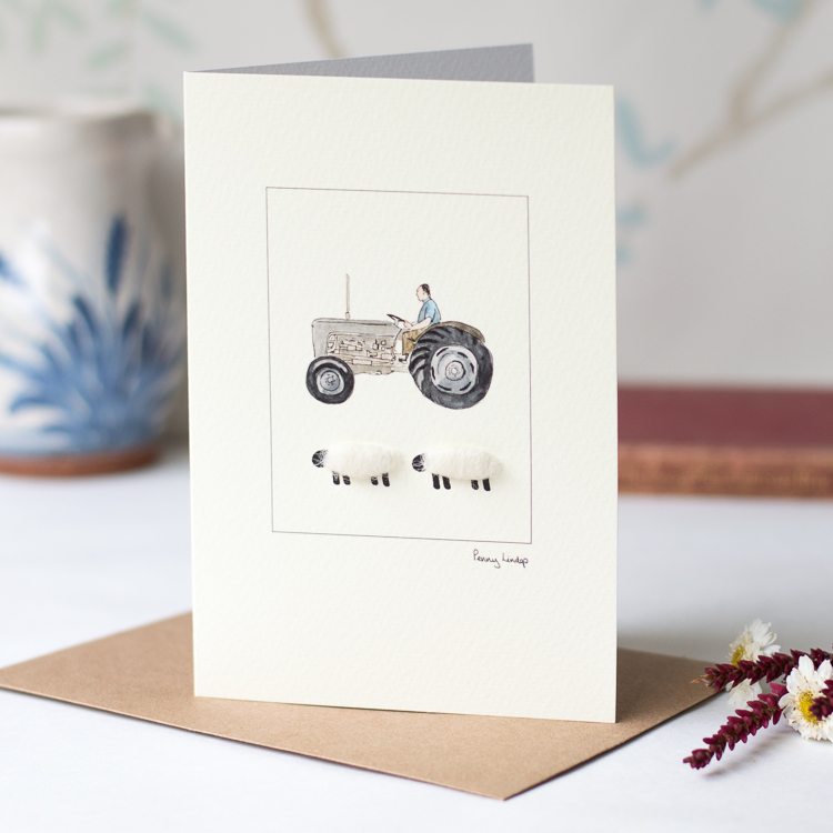 Sheep & Grey Fergie Tractor card