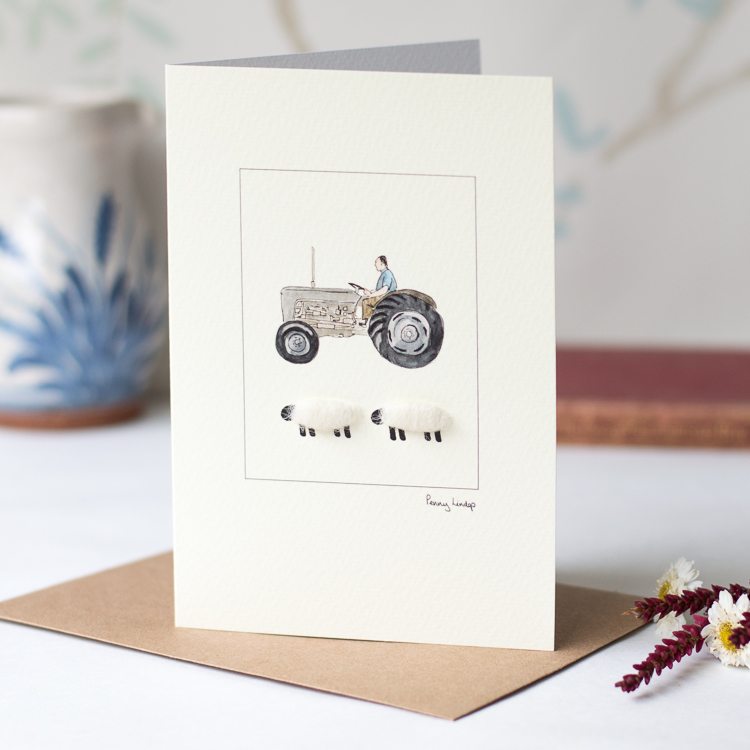 Sheep & Grey Fergie Tractor greetings card