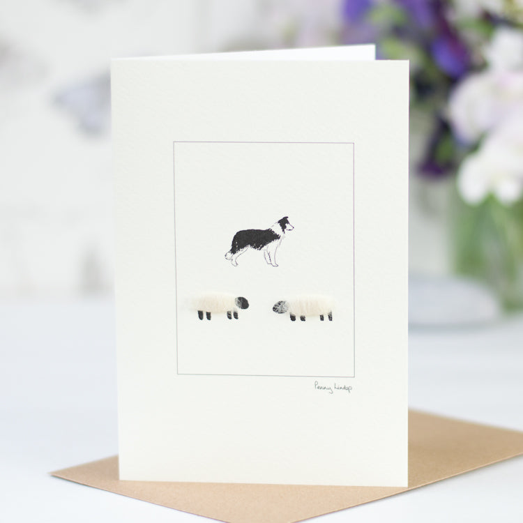 Sheep & Border Collie dog greetings card