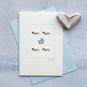 New baby card with woolly sheep and pram