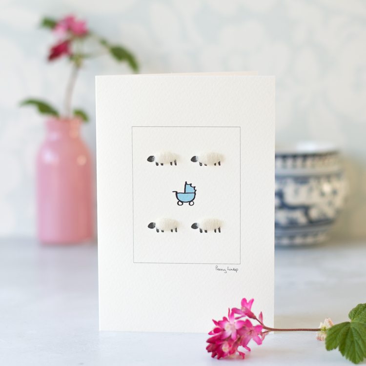 New baby card with woolly sheep and pram