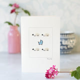 New baby card with woolly sheep and pram