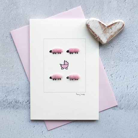 New baby card with woolly sheep and pram