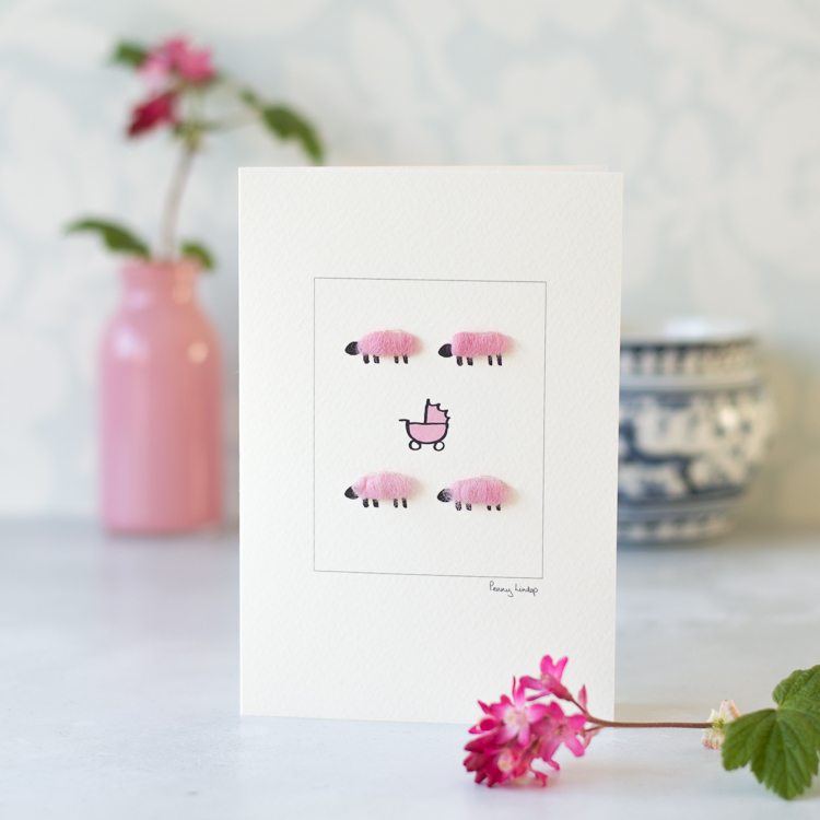 New baby card with woolly sheep and pram