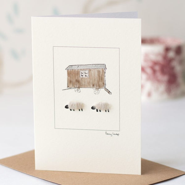 Sheep and Shepherd's Hut greetings card