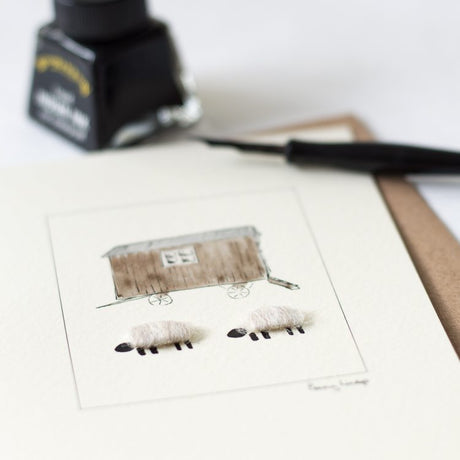 Sheep and Shepherd's Hut greetings card