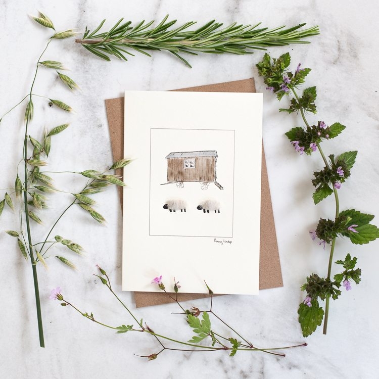 Sheep and Shepherd's Hut greetings card