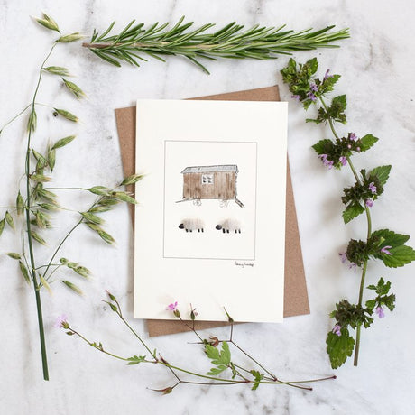 Sheep and Shepherd's Hut greetings card